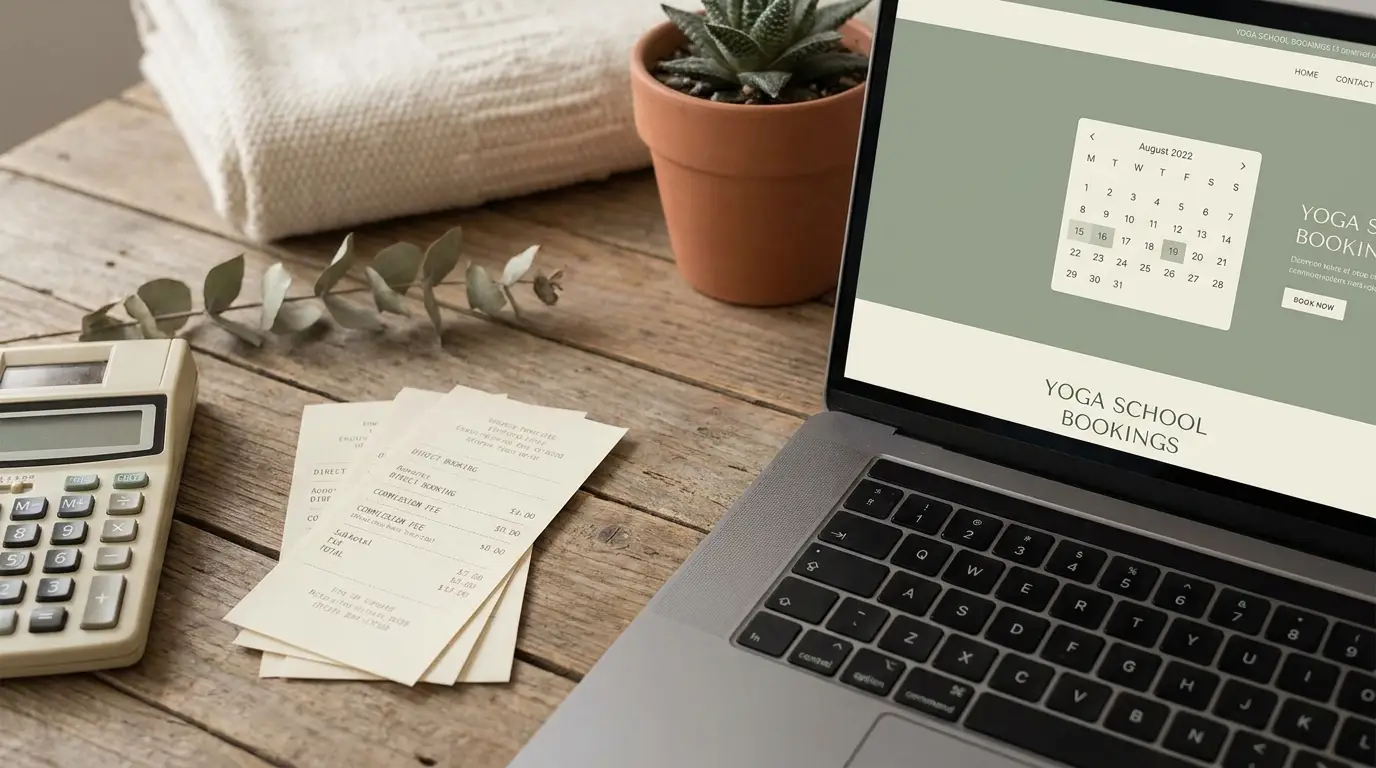 Calculator and booking receipts beside a laptop showing a direct-booking calendar page