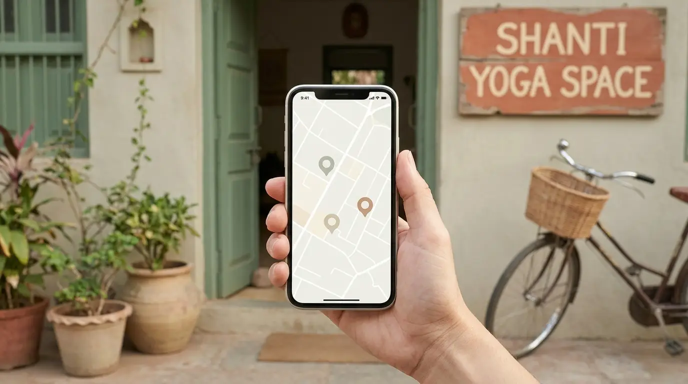 Smartphone showing a map with location pins in front of a small Indian yoga studio storefront