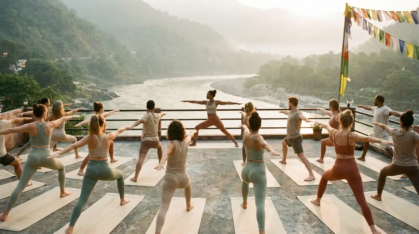 International yoga teacher training students in warrior pose on a Rishikesh rooftop at sunrise above the Ganges