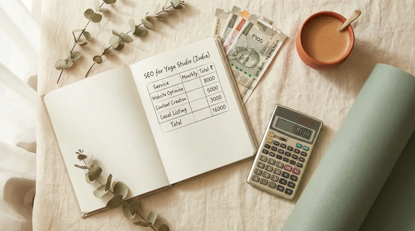 Notebook with a monthly SEO budget table, calculator, rupee notes and masala chai on cream linen