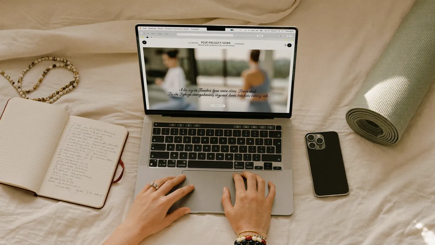 Yoga teacher planning her online presence — laptop, keyword notebook and yoga mat on cream linen