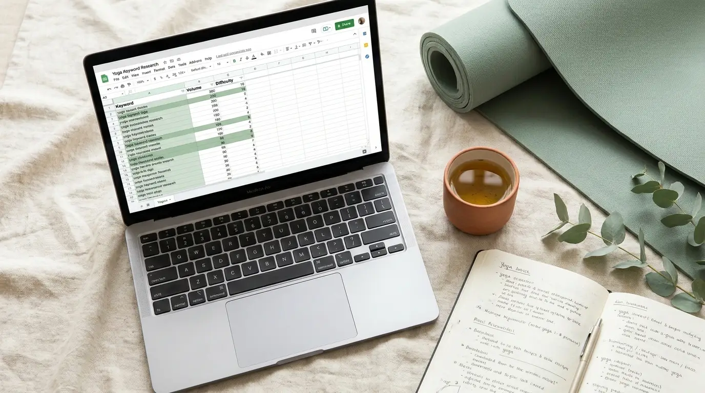 Laptop showing a yoga keyword research spreadsheet beside a sage yoga mat and herbal tea