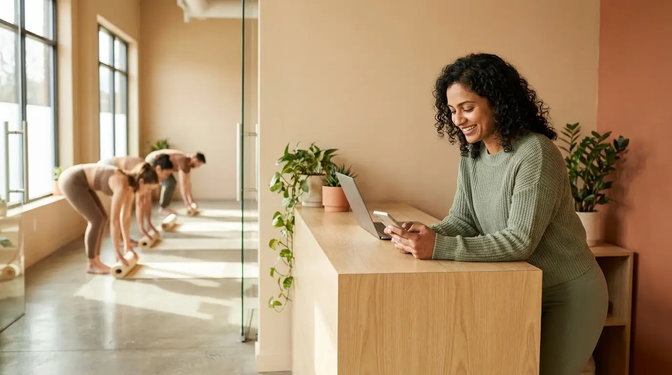 Yoga studio owner at a bright reception desk checking her phone, students rolling out mats behind her