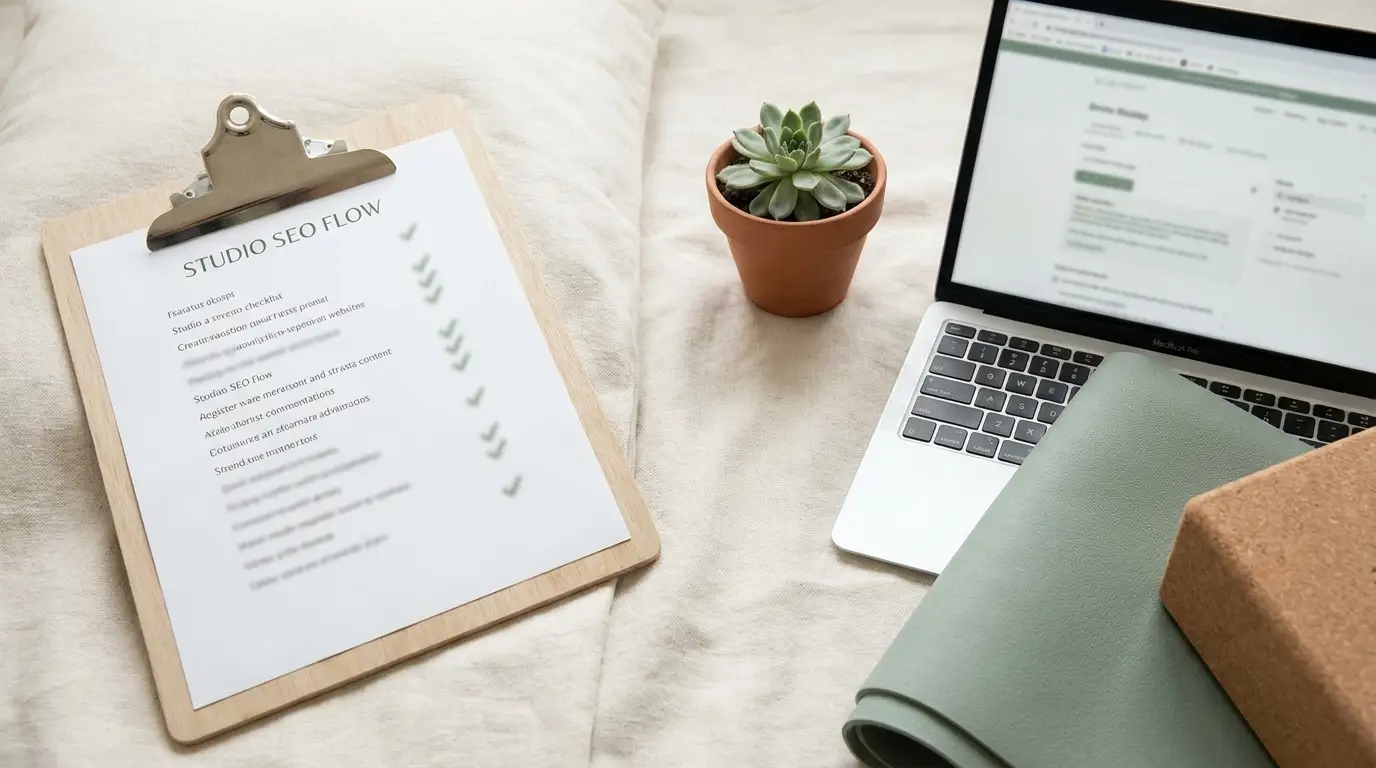 Wooden clipboard with a ticked SEO checklist beside a laptop and a folded sage yoga mat
